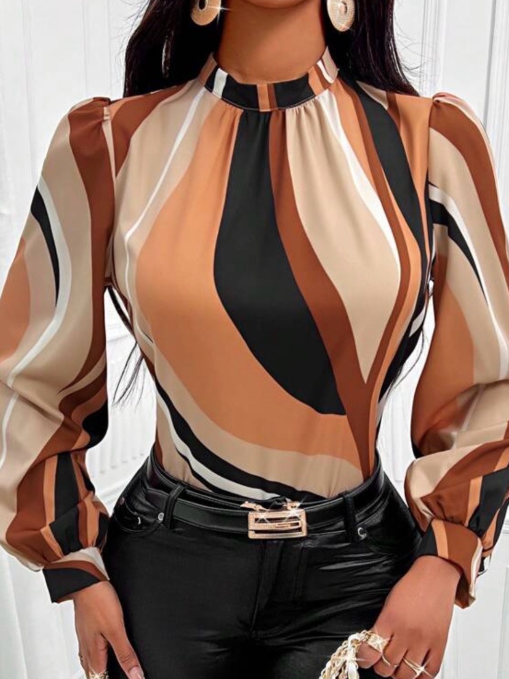 Womens High-Neck Printed Satin Blouse in Brown Multi